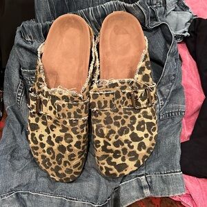 Womens Clogs Western Animal Print Leopard Buckle Frayed